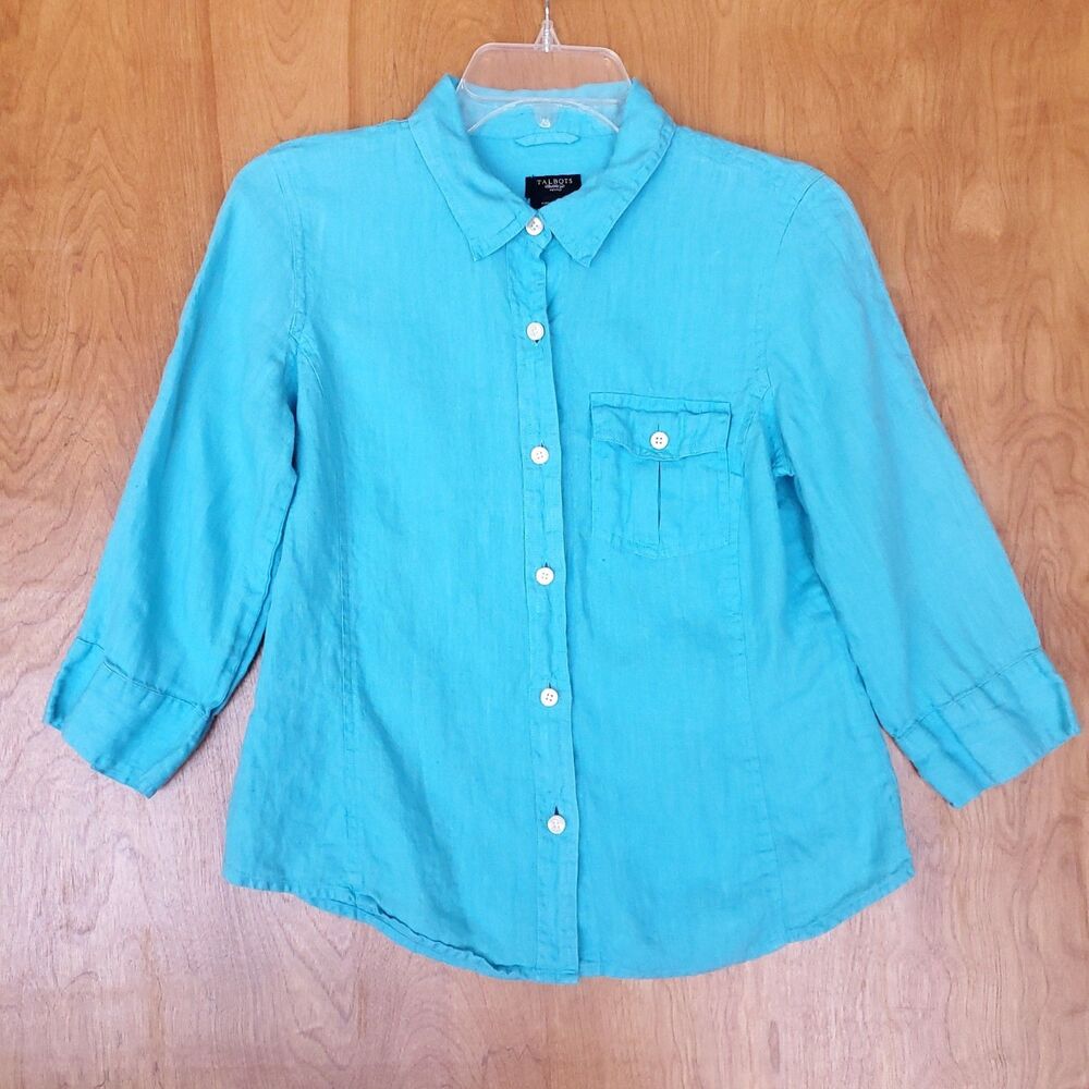 Talbots 100% Pure Irish Linen Top Petite Small Button Up 3/4 Sleeve Bright Blue - Picture 2 of 10